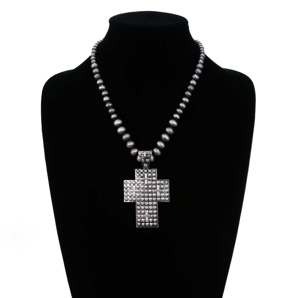 Western Navajo Style Pearl with Ball Texture Cross Necklace - Image 2