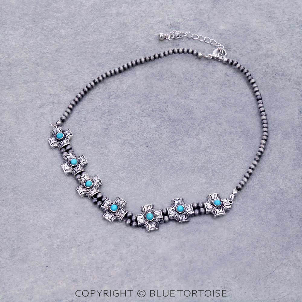 Western Navajo Style Pearl with Cross Stone Necklace