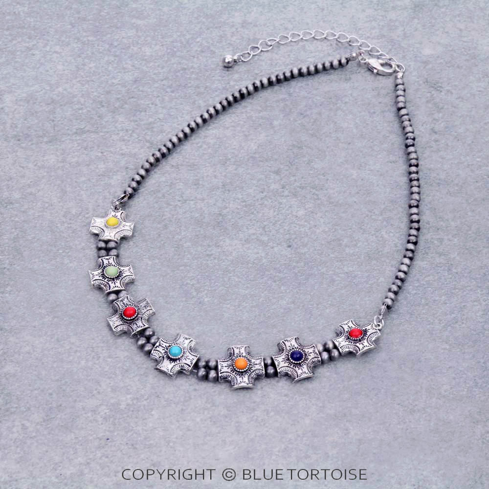 Western Navajo Style Pearl with Cross Stone Necklace