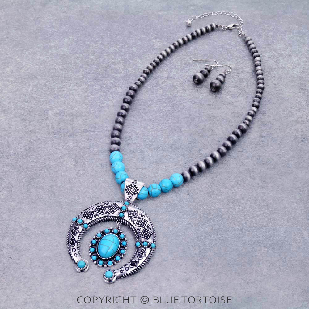 Western Navajo Style Pearl with Squash Blossom Necklace Set