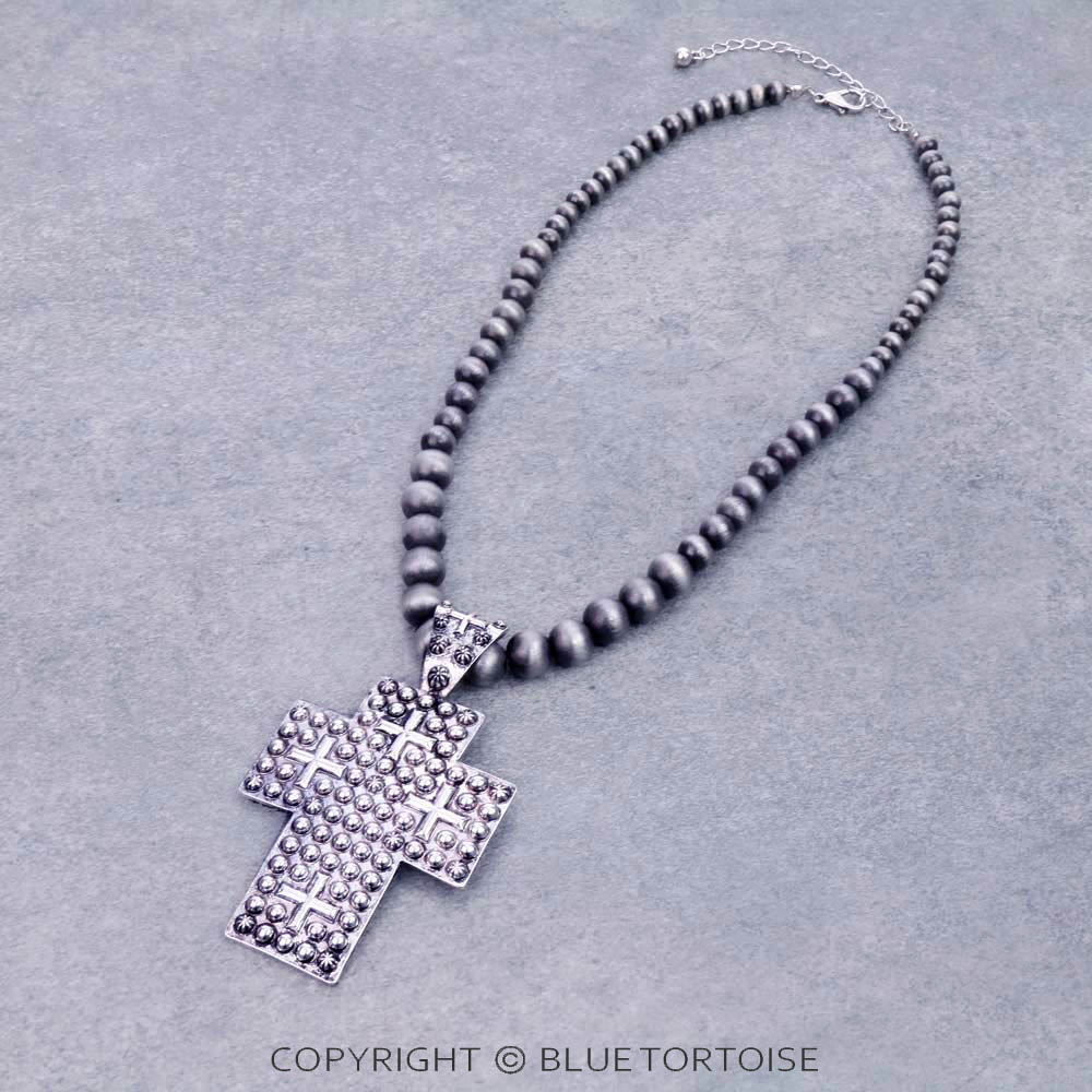 Western Navajo Style Pearl with Ball Texture Cross Necklace