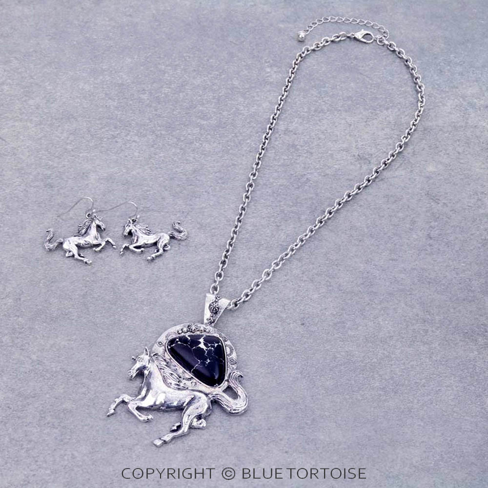 Western Horse with Hand Stone Pendant Necklace Set
