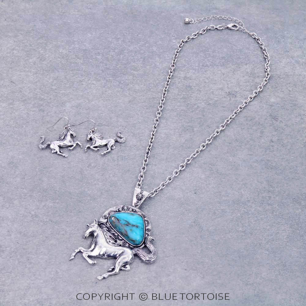 Western Horse with Hand Stone Pendant Necklace Set