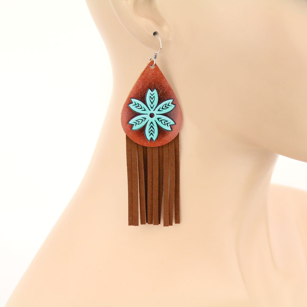 Flower Leather with Tassel Dangle Earrings - Image 2