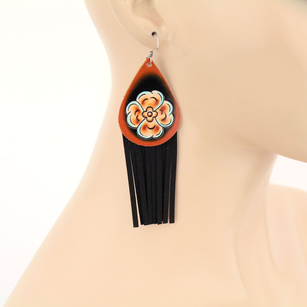 Flower Leather with Tassel Dangle Earrings - Image 2