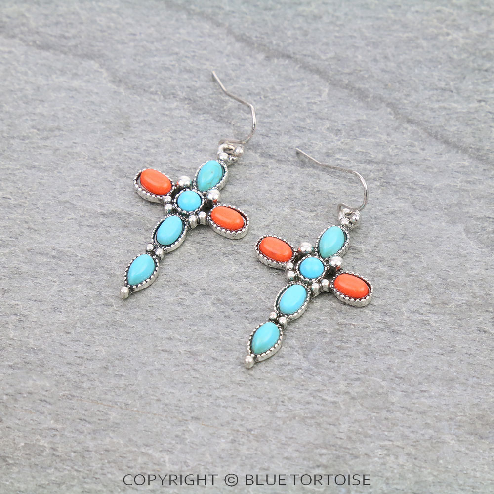Western Cross Semi Stone Dangle Earrings