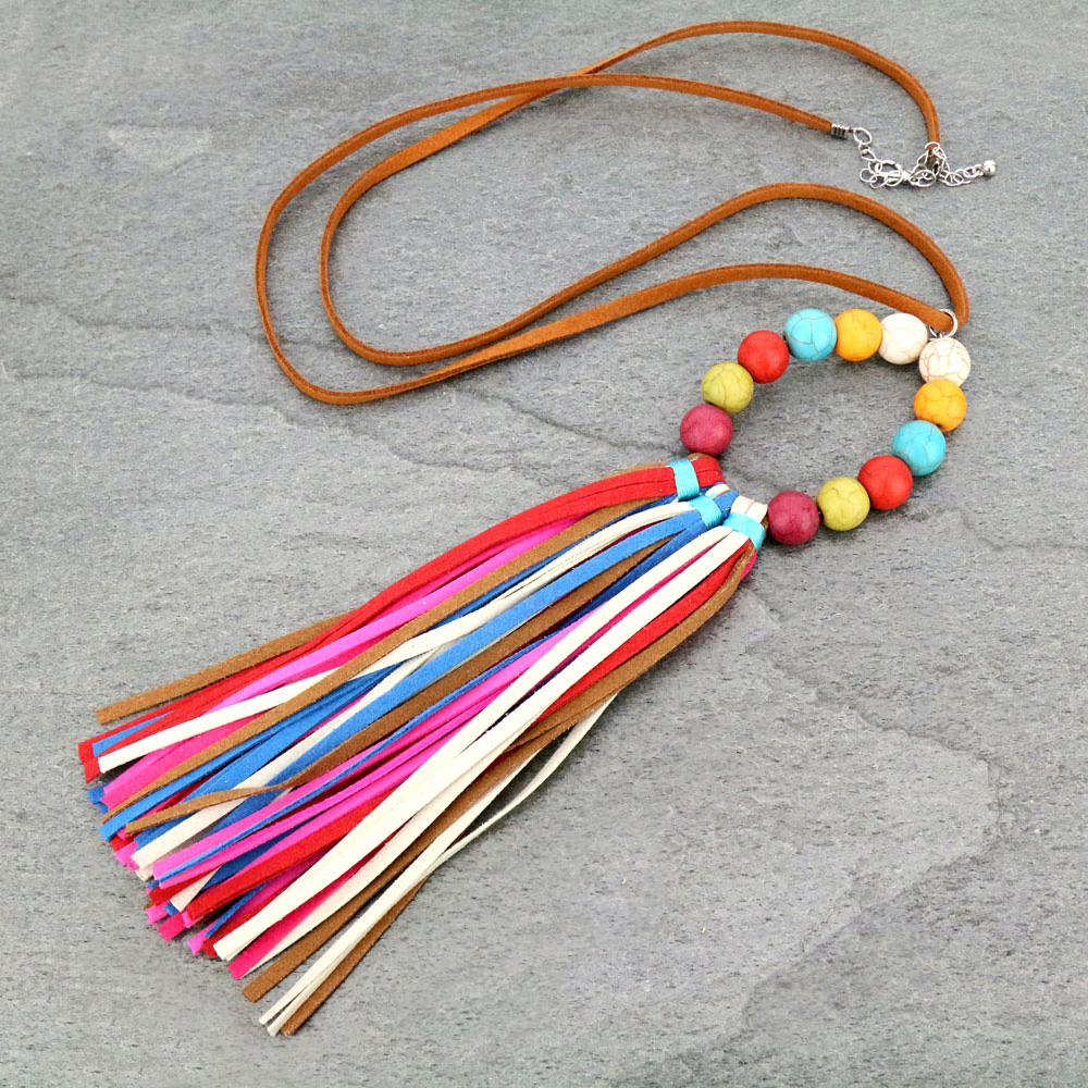 TQ Stone with Leather Tassel Necklace