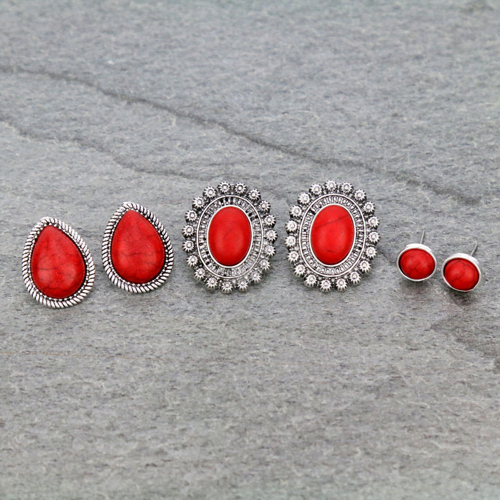 3 Pair Western Stone Earring Set