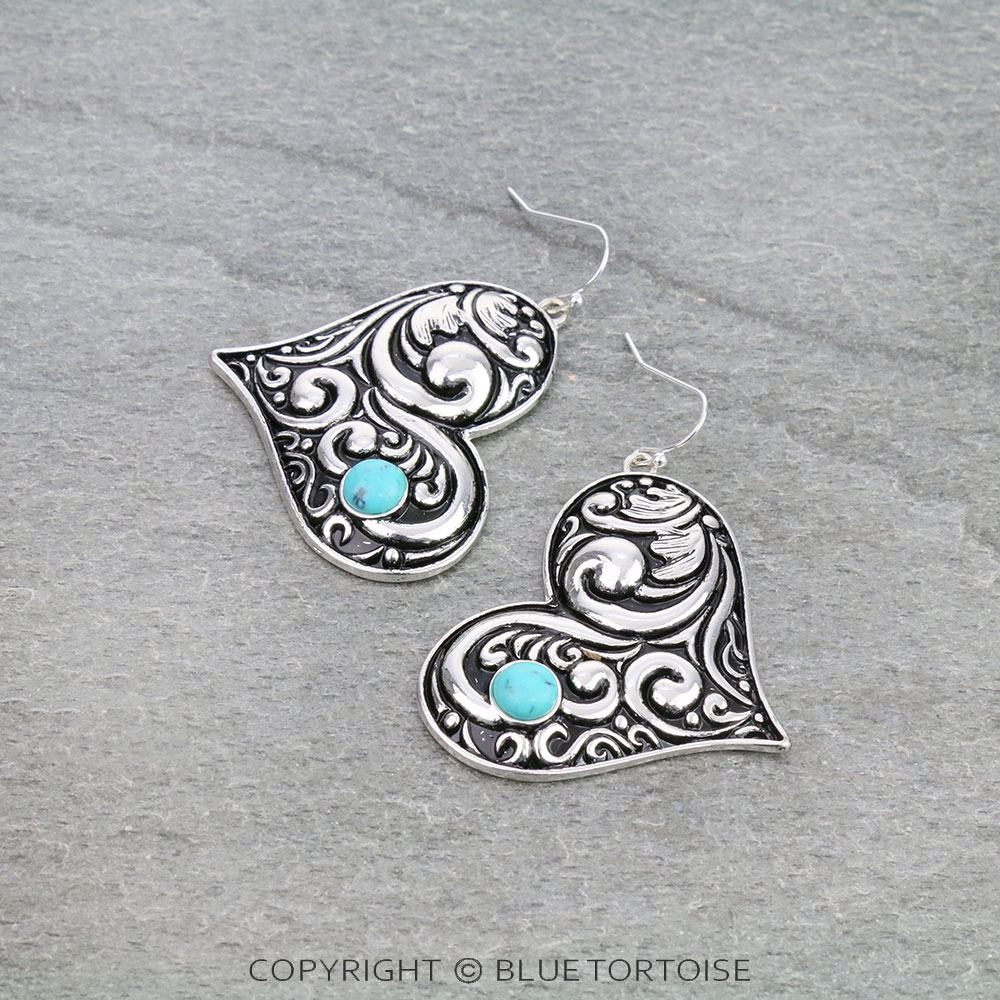 Western Floral Pattern Heart Dangle Earrings