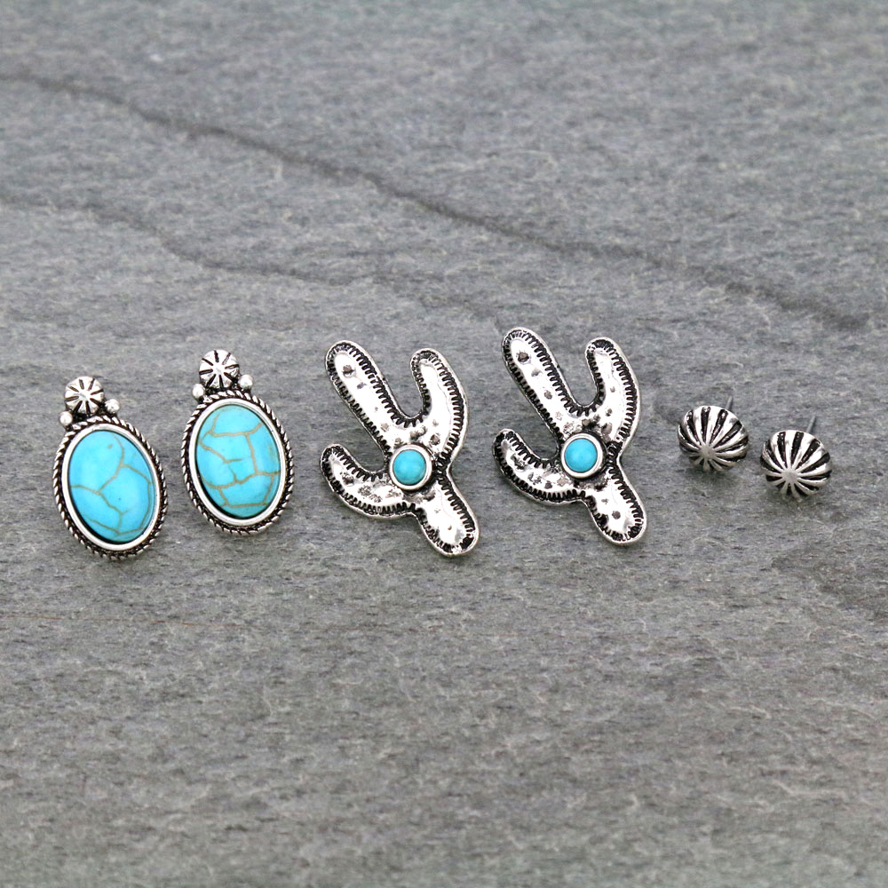 3 Pair Western Cactus Earring Set