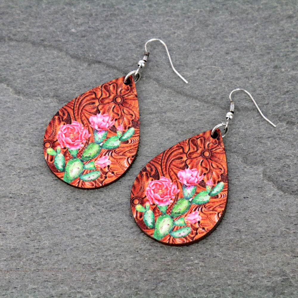 Cactus Teardrop Wood Dangle Earrings