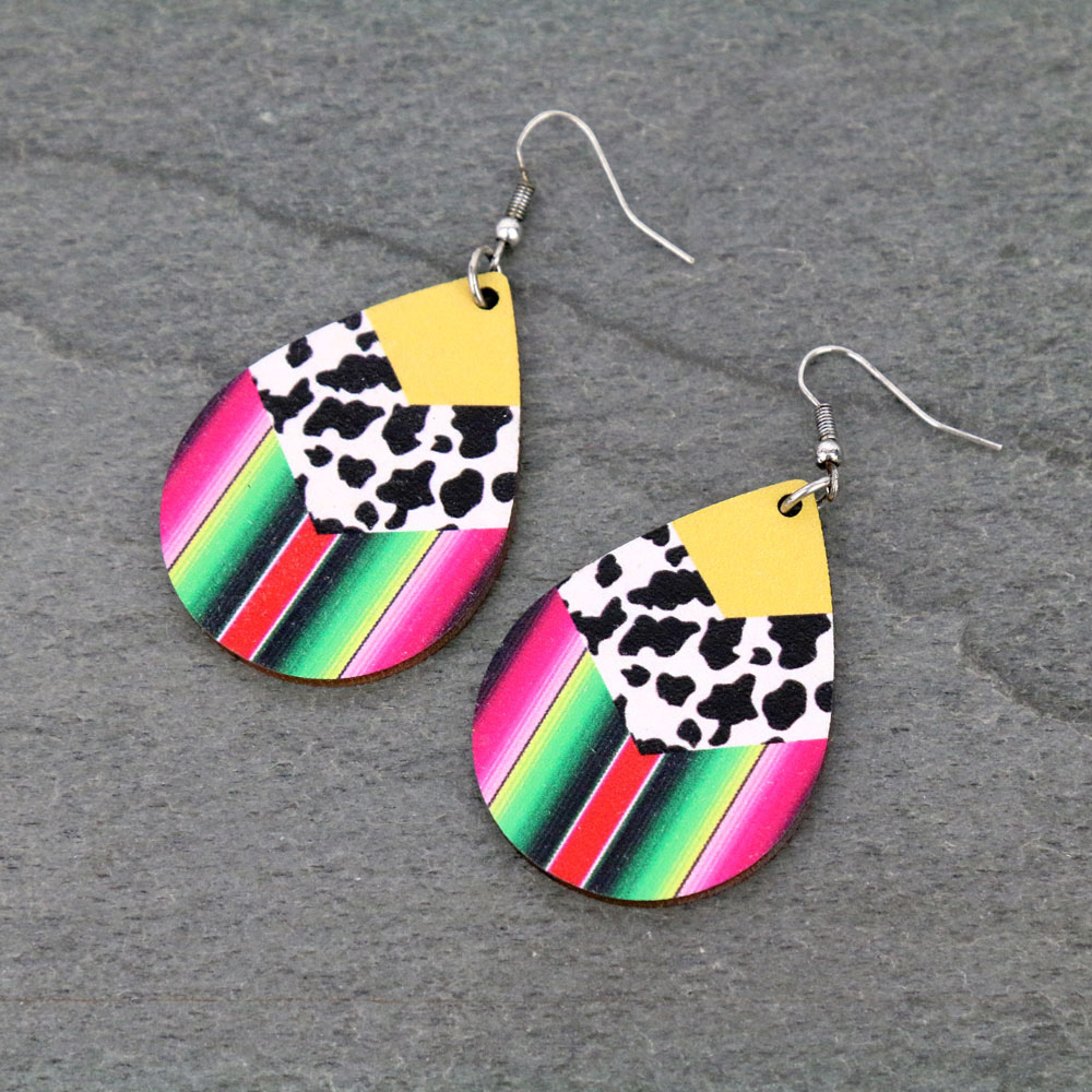 Cow and Serape Teardrop Wood Dangle Earrings