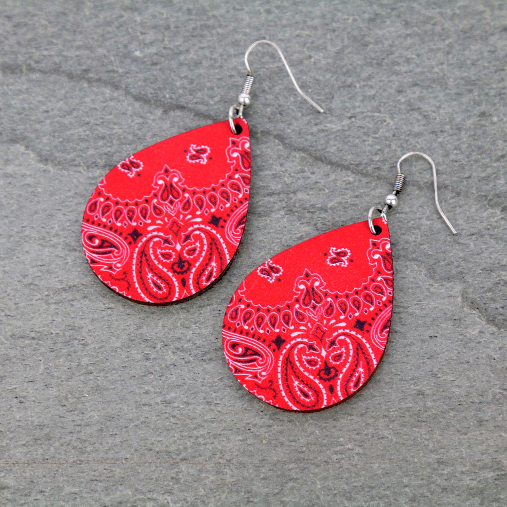 Red Bandana Teardrop Wood Dangle Earrings