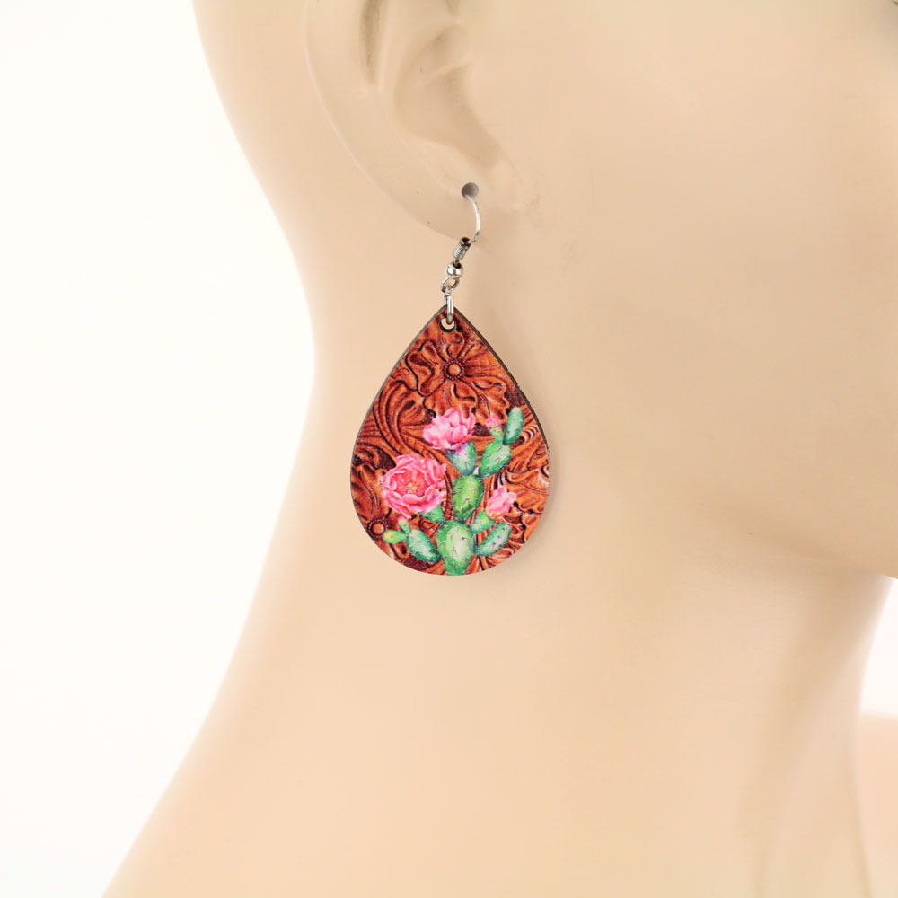 Cactus Teardrop Wood Dangle Earrings - Image 2