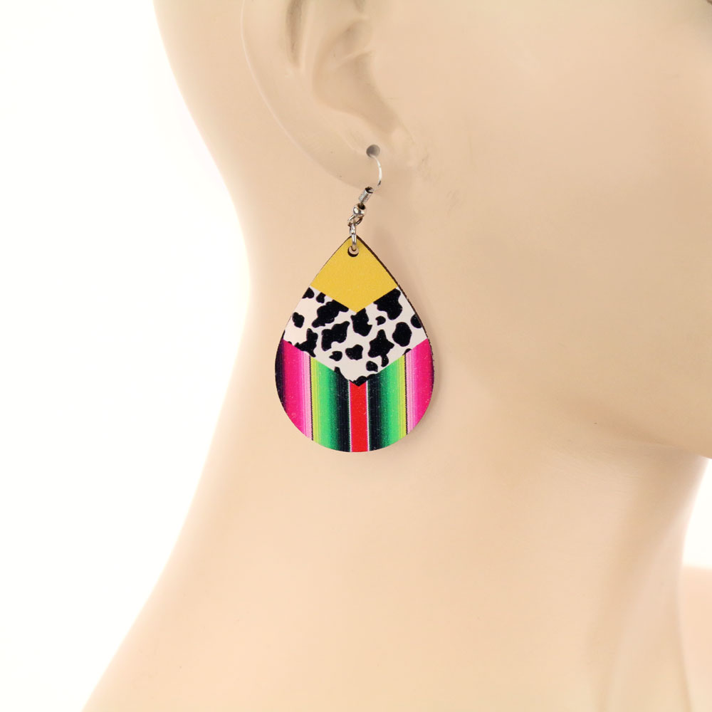 Cow and Serape Teardrop Wood Dangle Earrings - Image 2