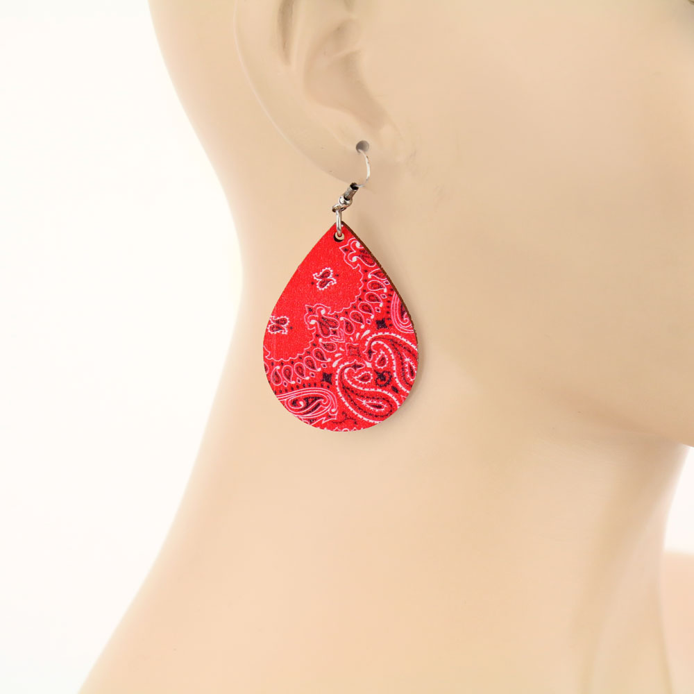 Red Bandana Teardrop Wood Dangle Earrings - Image 2