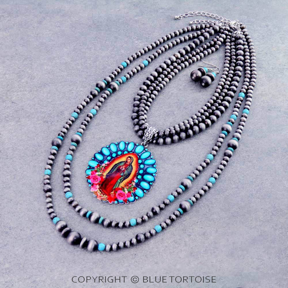 Multi Layered Pearl with Lady Guadalupe Necklace Set
