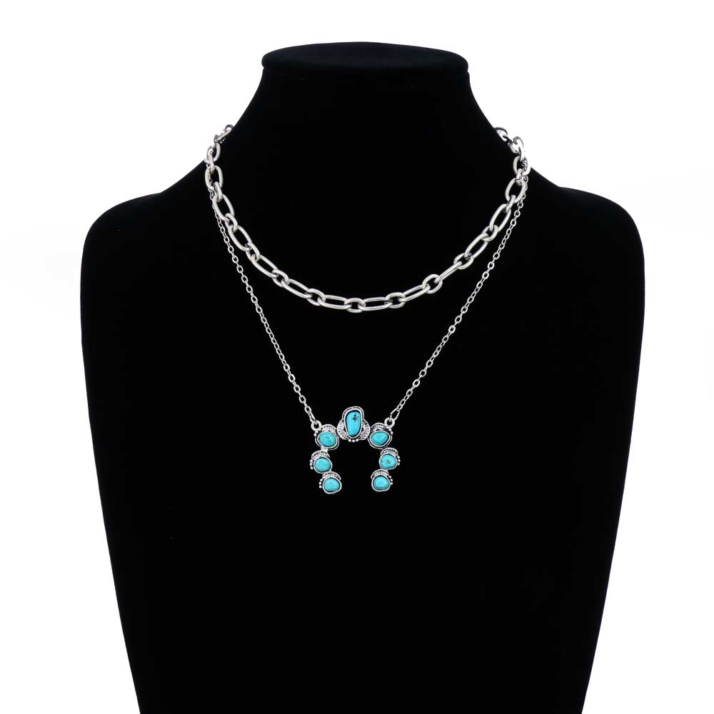 18" Long, 2-strand Chain Necklace, Squash Blossom Natural Stone Pendant - Image 2
