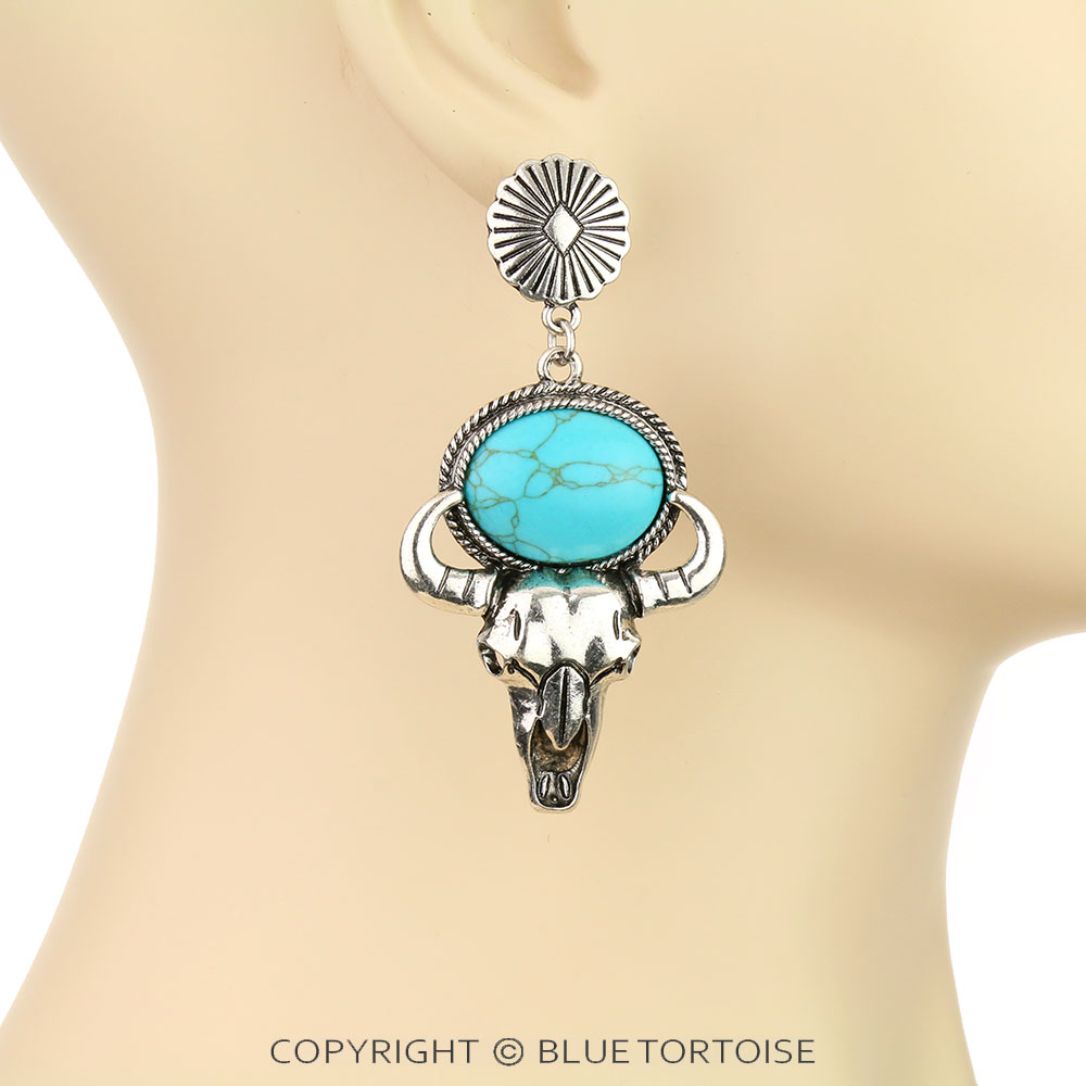 Western Steer Skull Stone Stud Earrings - Image 2