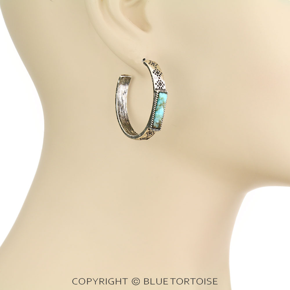 Aztec Pattern with Stone Bar Hoop Earrings - Image 2