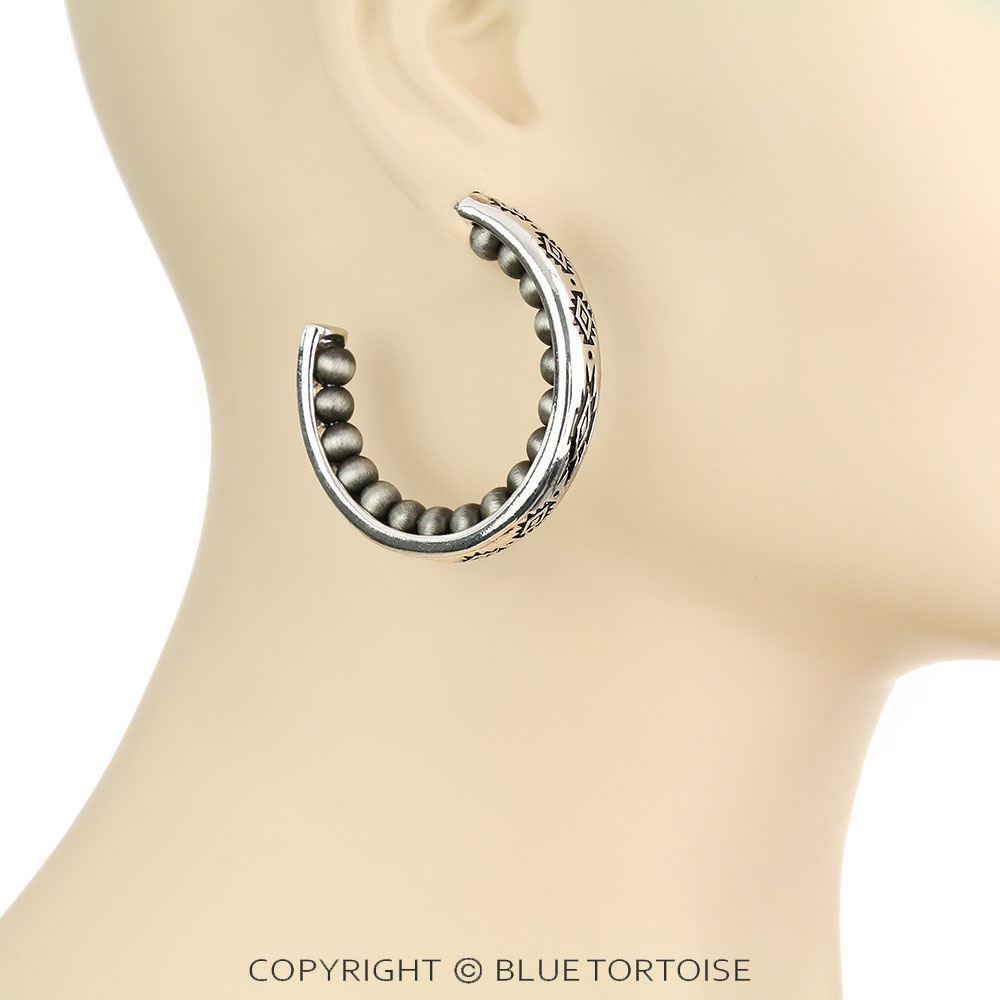 Navajo Style Pearl with Aztec Pattern Hoop Earrings - Image 2