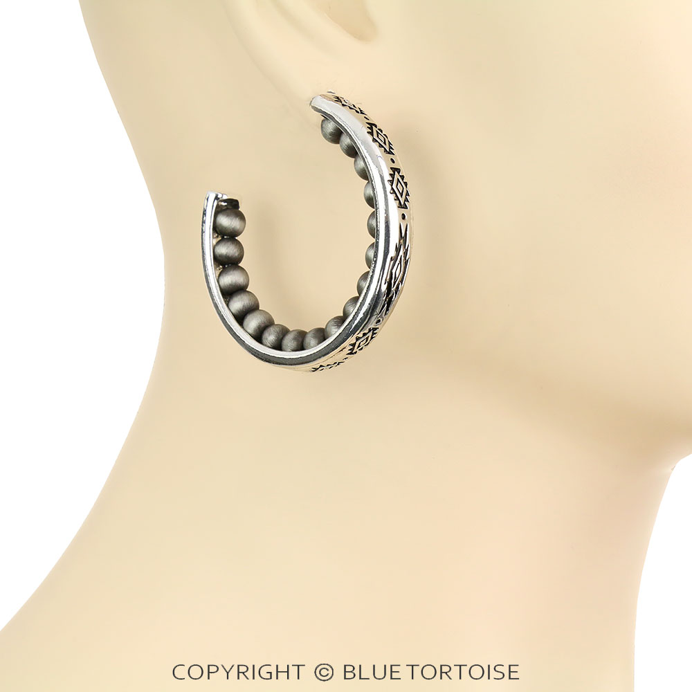 Navajo Style Pearl with Aztec Pattern Hoop Earrings - Image 3