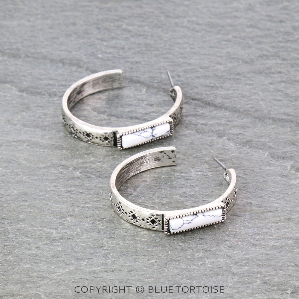 Aztec Pattern with Stone Bar Hoop Earrings