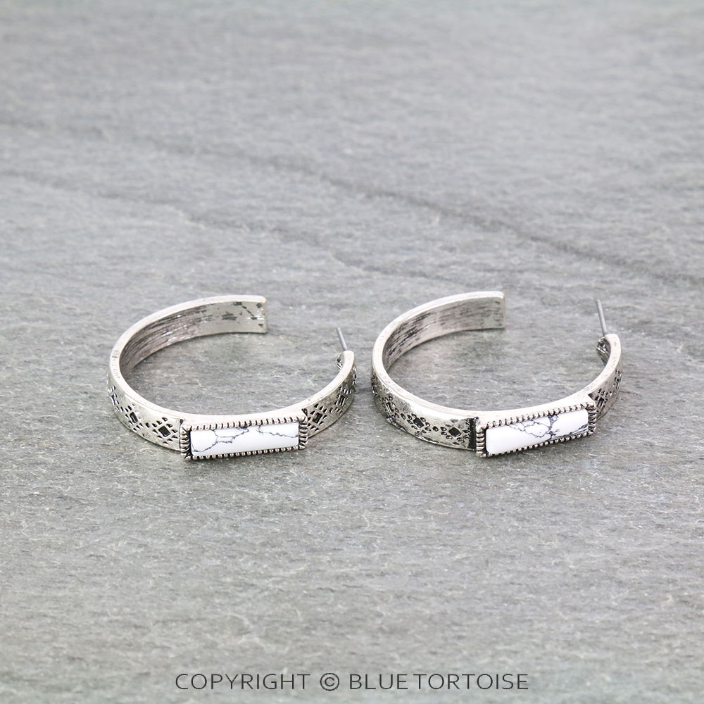 Aztec Pattern with Stone Bar Hoop Earrings - Image 3