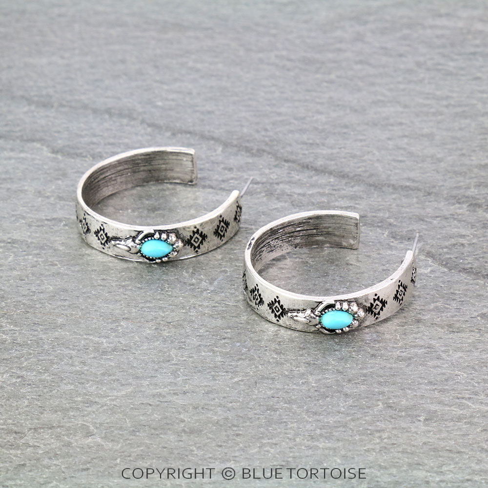 Aztec Pattern with Steer Skull Hoop Earrings