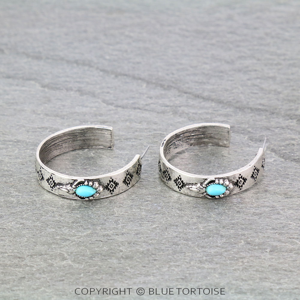 Aztec Pattern with Steer Skull Hoop Earrings - Image 3