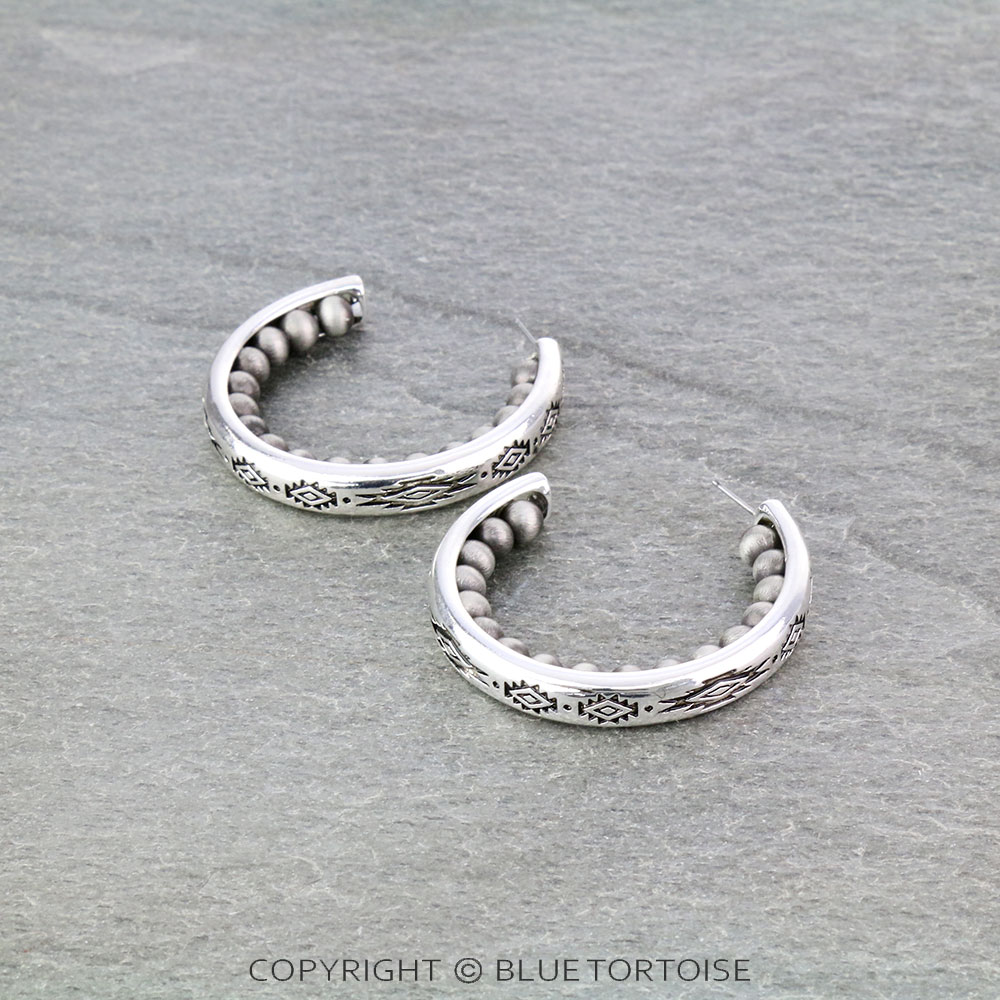 Navajo Style Pearl with Aztec Pattern Hoop Earrings - Image 4