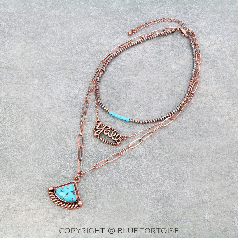 3 Row Navajo Style Pearl and Chain with Stone Pendant Necklace