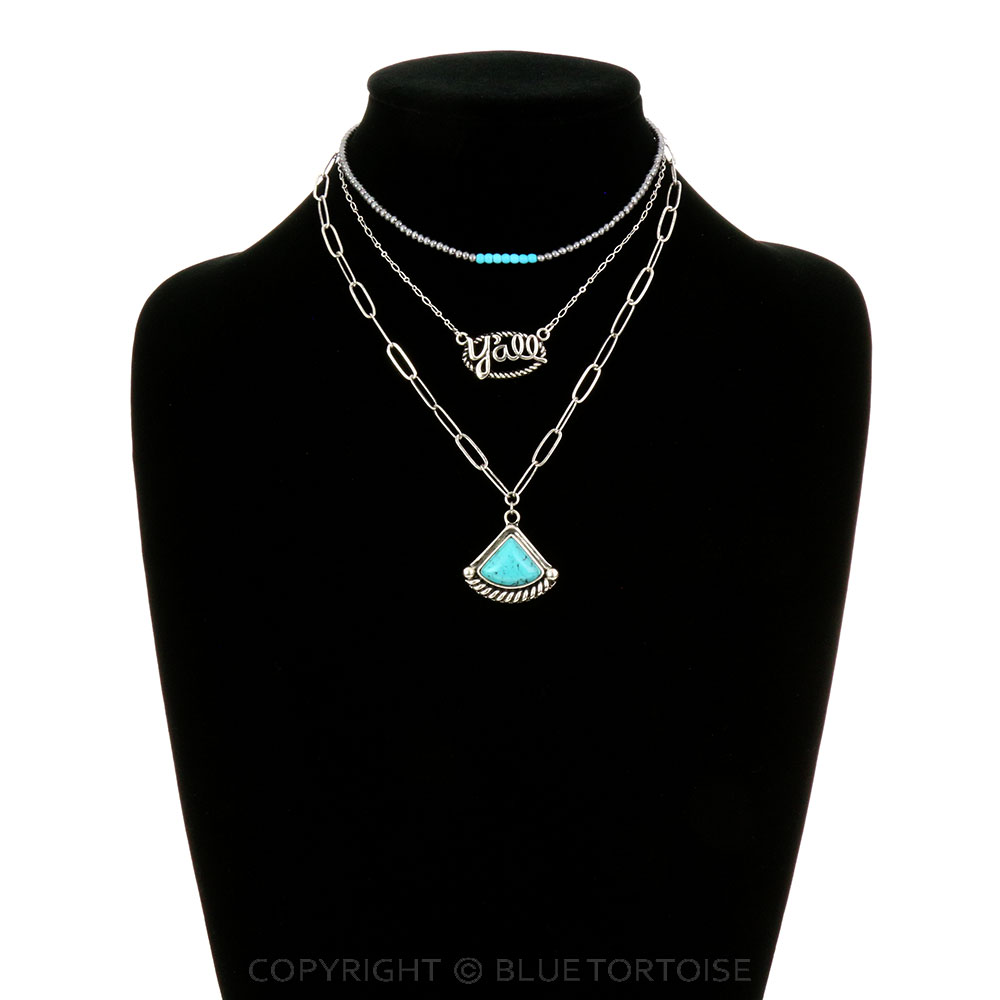 3 Row Navajo Style Pearl and Chain with Stone Pendant Necklace - Image 2