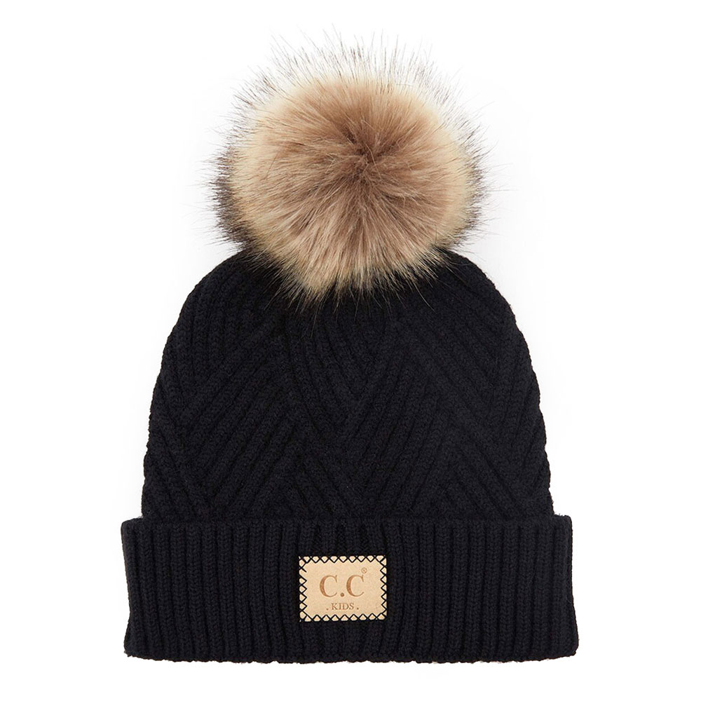 C.C Kids Diagonal Stripes Criss Cross Pattern Beanie with Pom