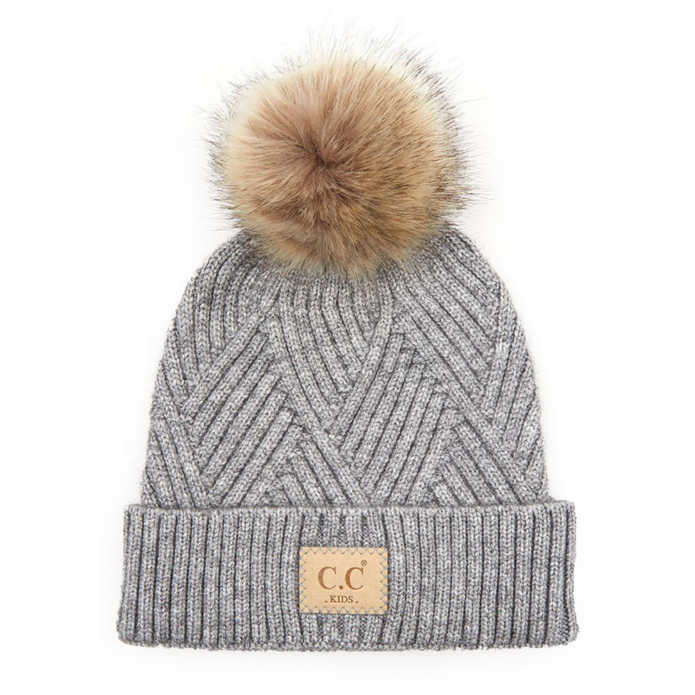 C.C Kids Diagonal Stripes Criss Cross Pattern Beanie with Pom