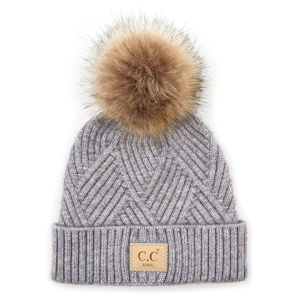 C.C Kids Diagonal Stripes Criss Cross Pattern Beanie with Pom