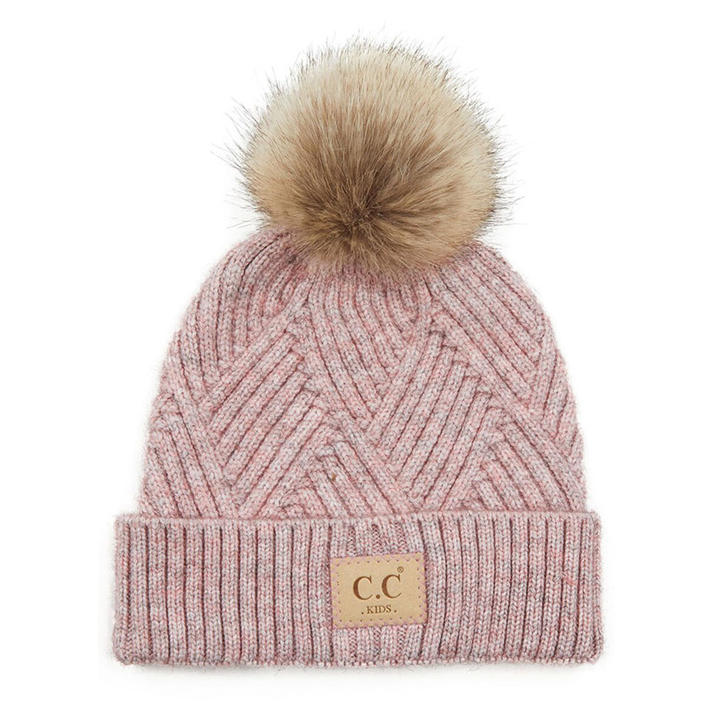 C.C Kids Diagonal Stripes Criss Cross Pattern Beanie with Pom