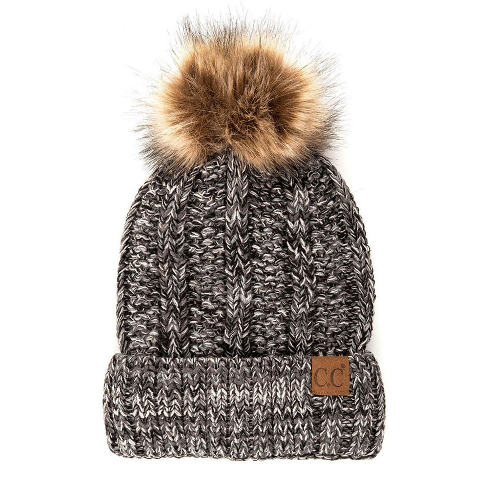 C.C Knitted Tone Hat With Fuzzy Lining and 12cm Pom