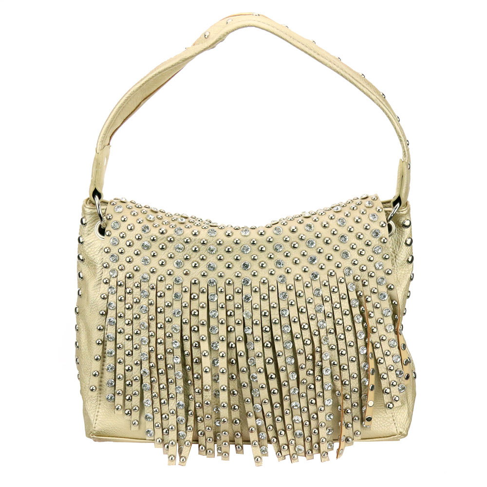 Faux Leather with Clear Stone Tassel Tote Bag