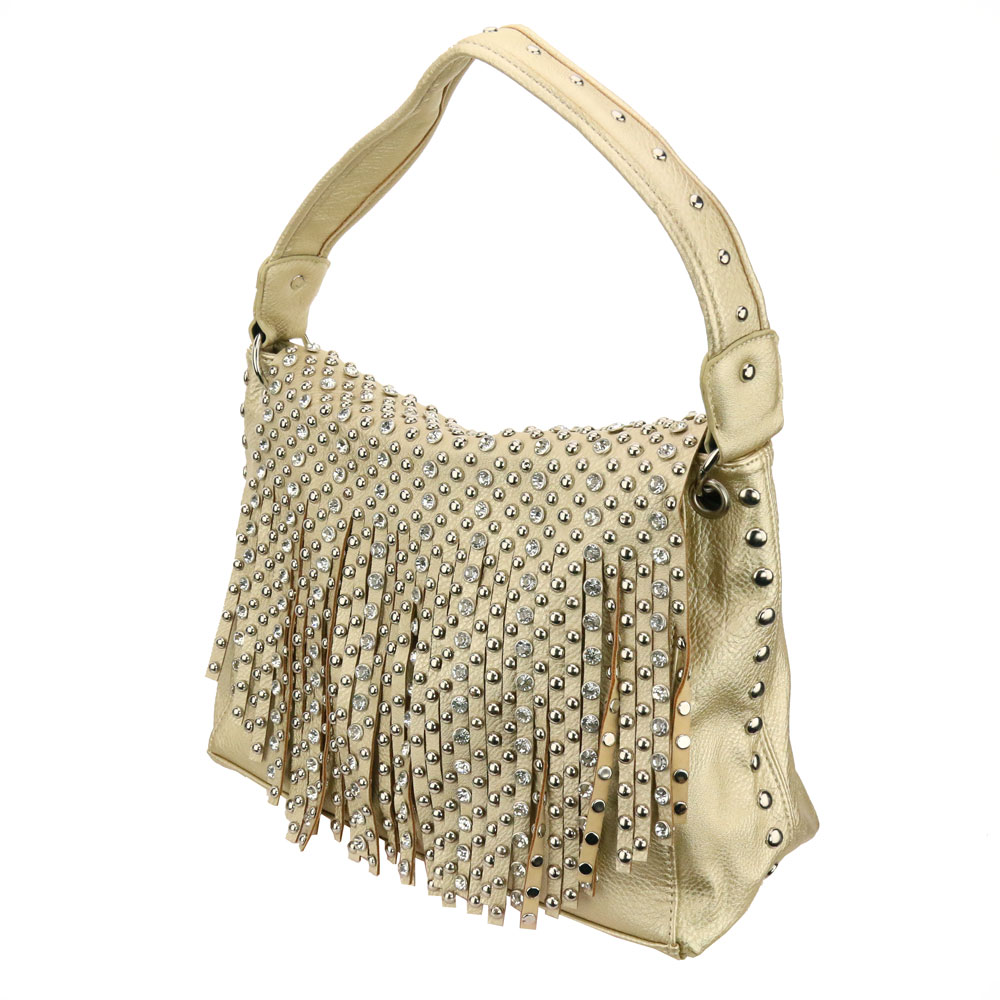 Faux Leather with Clear Stone Tassel Tote Bag - Image 2