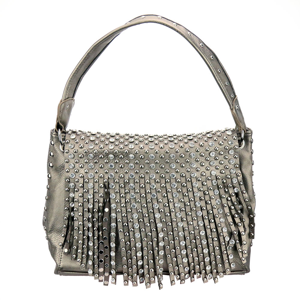 Faux Leather with Clear Stone Tassel Tote Bag