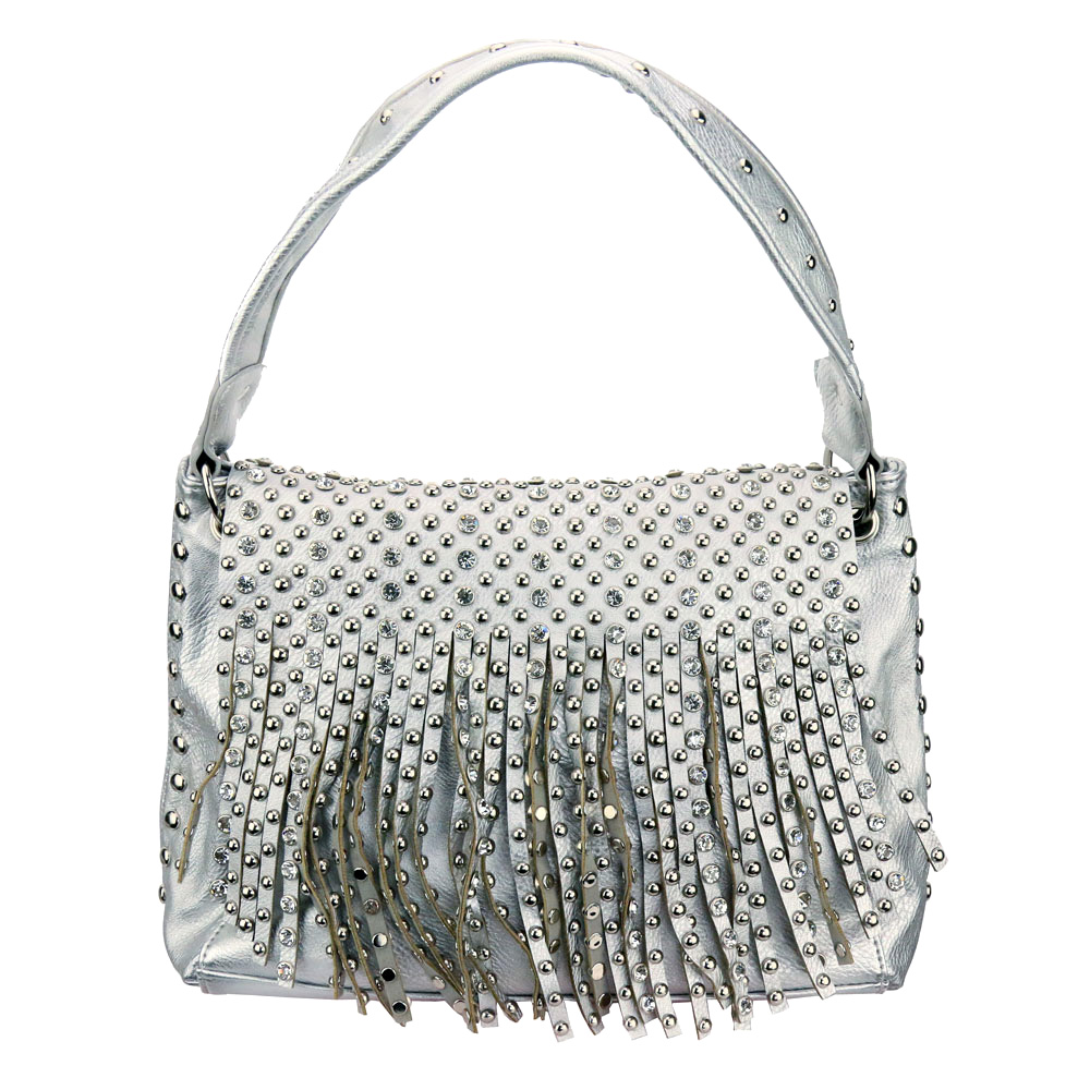 Faux Leather with Clear Stone Tassel Tote Bag