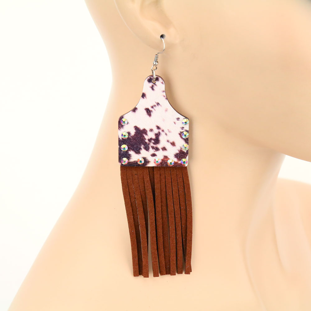 Wood Cattle Tag Tassel Dangle Earrings - Image 2
