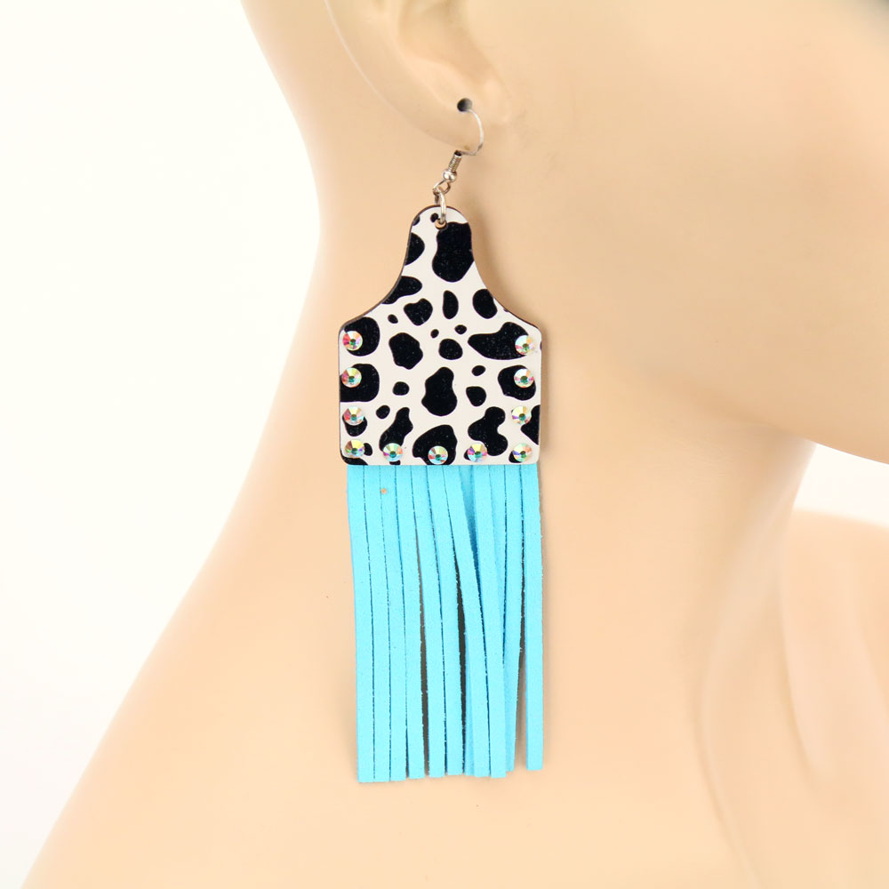 Wood Cattle Tag Tassel Dangle Earrings - Image 2