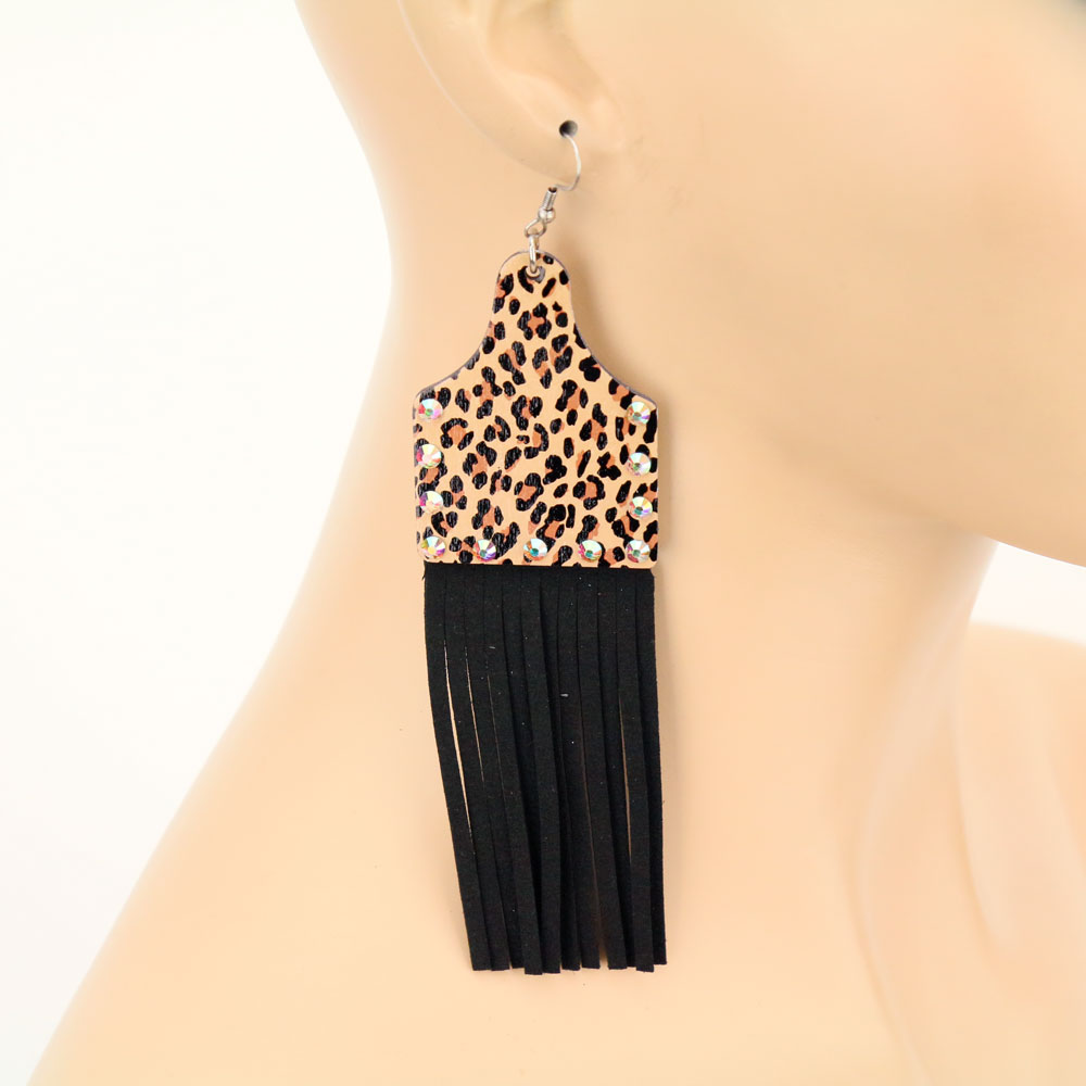 Wood Cattle Tag Tassel Dangle Earrings - Image 2