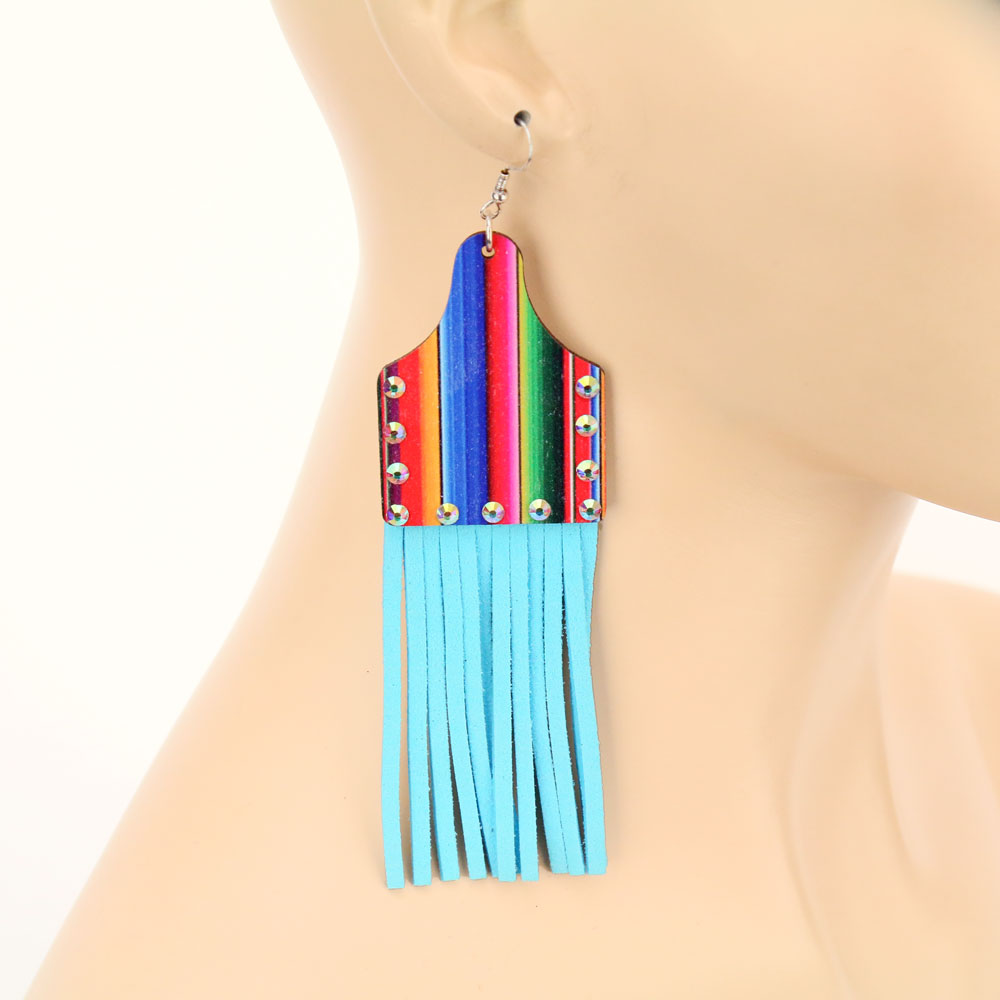 Wood Cattle Tag Tassel Dangle Earrings - Image 2
