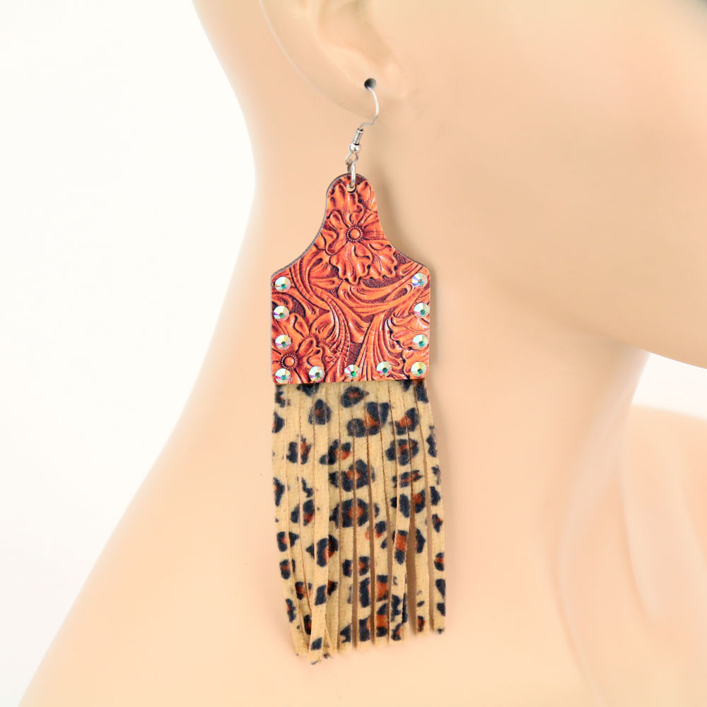 Wood Cattle Tag Tassel Dangle Earrings - Image 2