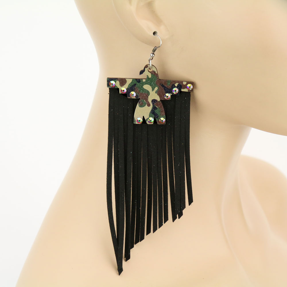 Wood Thunderbird Tassel Dangle Earrings - Image 2