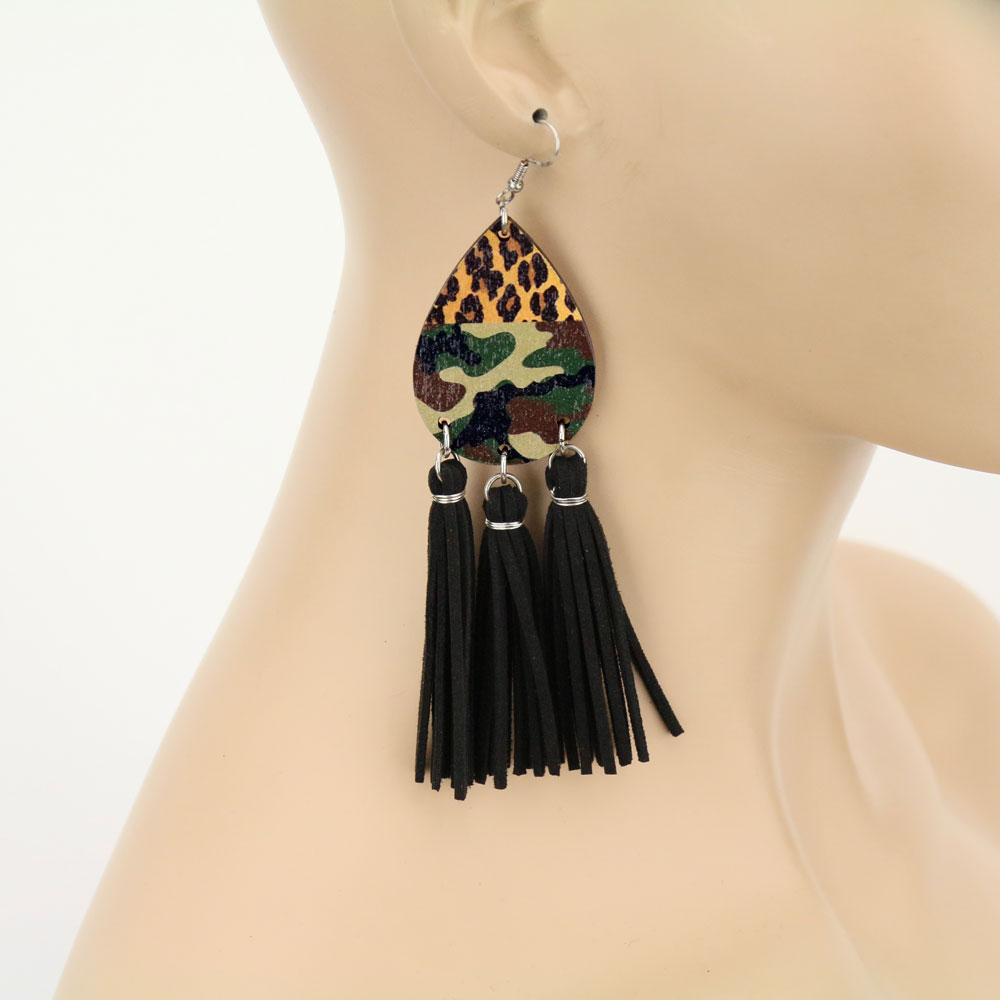 Wood Teardrop Tassel Dangle Earrings - Image 2