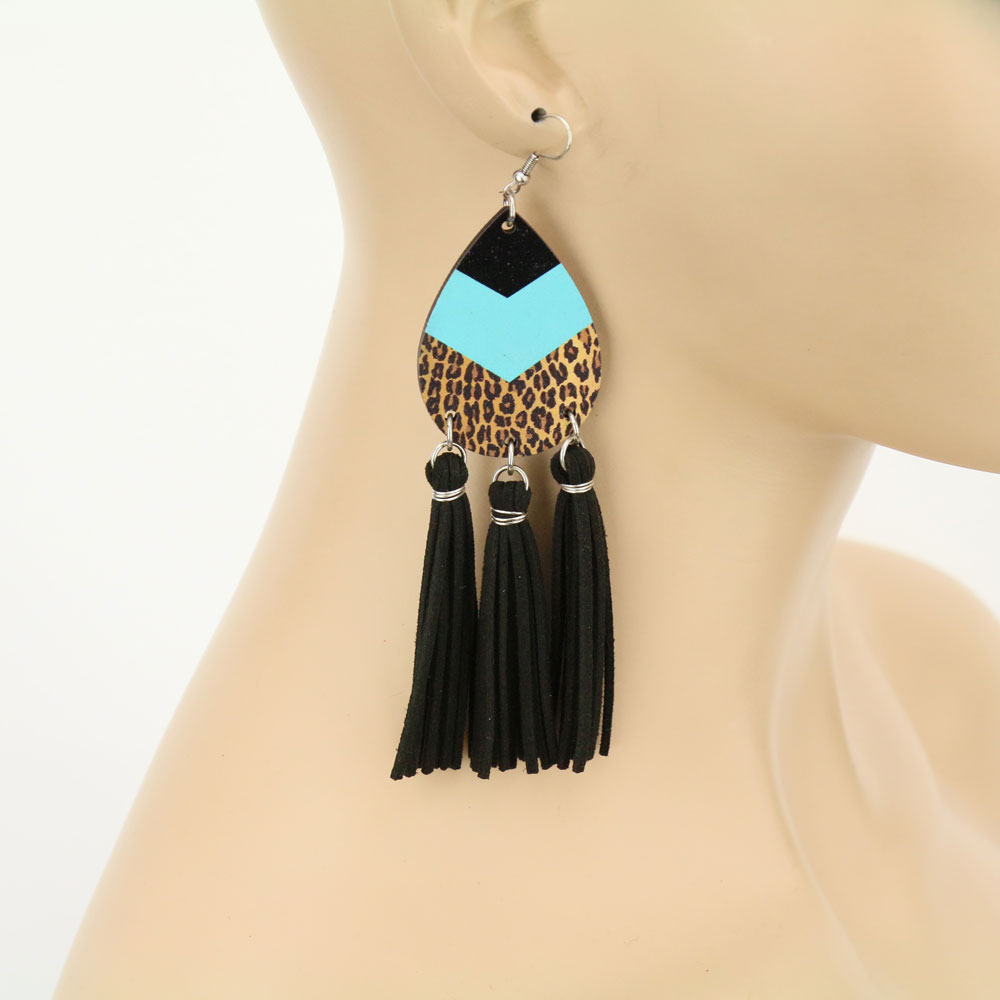 Wood Teardrop Tassel Dangle Earrings - Image 2
